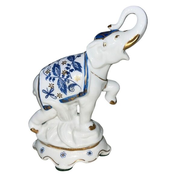 Porcelain Elephant Figurine WHT w/BLU GLD Floral Accents Trunk Up Lmt Ed Vienna - Picture 7 of 13